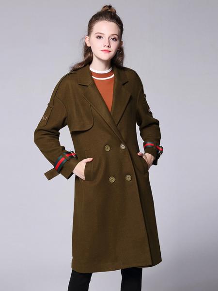 Olive Loose Fit Layered Double Breasted Long Sleeves Women Long Wool Peacoat