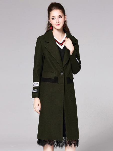 Olive Single Button Long Sleeves Letter Printed Lined Womens Long Wool Coat