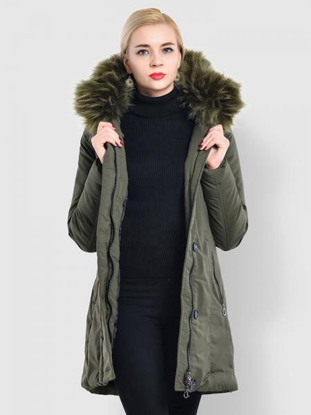 Olive Slim Fit Faux Fur Hooded Zipper & Buttons Thick Ladies Winter Parkas