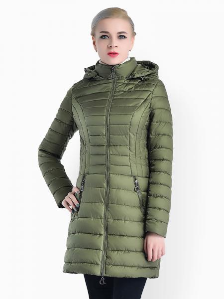 Olive Slim Fit Two-way Zipper Women Parkas Outerwear with Detachable Hood