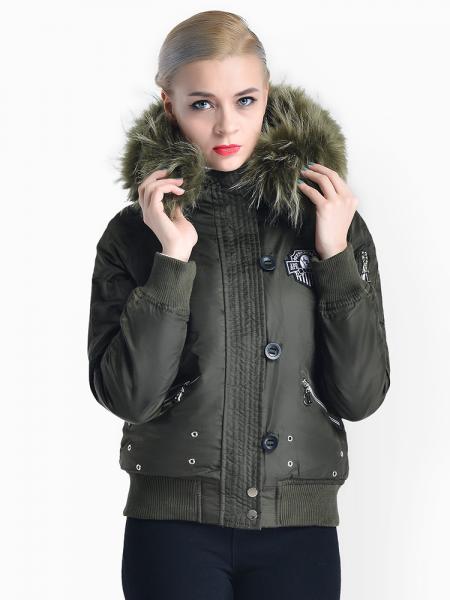 Olive Zipper & Button Womens Thick Winter Windproof Parka with Faux Fur Hood