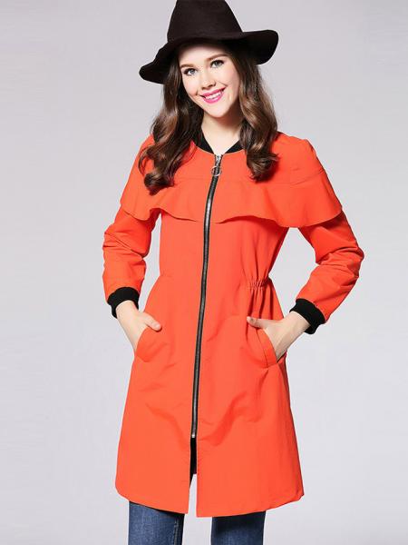 Orange Zipper Long Sleeves Ruffles Layered Slim Long Trench Coat for Women