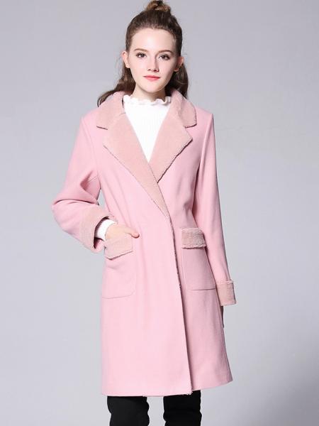 Pink Lamb Wool Splicing Long Sleeves Thick Women Double Breasted Pea Coat