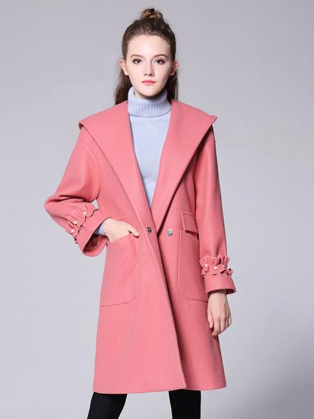 Pink Stylish Single Press Studs Long Sleeves Hooded Long Wool Coat Womens