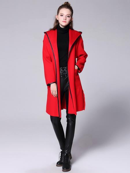 Red Open Front Long Sleeves Hooded Women Long Wrap Coat with Patch Pockets