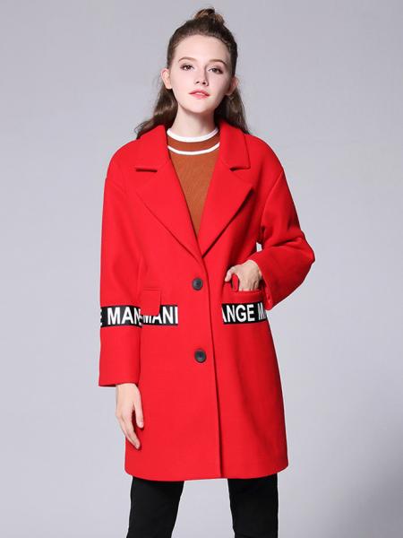 Red Single-breasted Long Sleeves Letter Printing Thick Wool Coat for Women