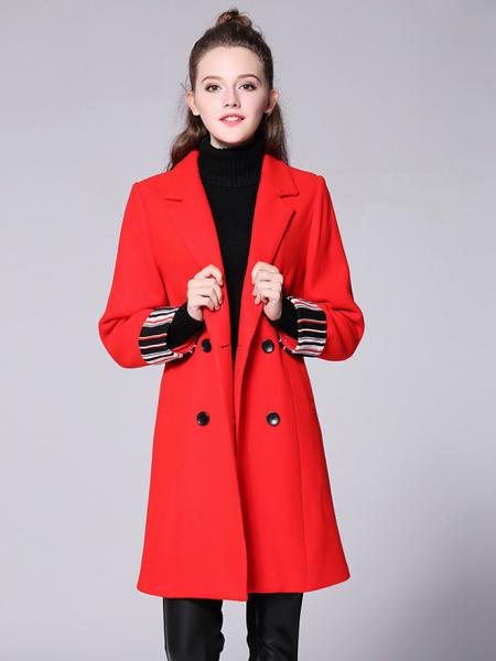 Long Sleeves Double Breasted Long Women's Wool Jackets Sale Red