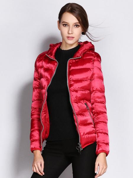 Red Two Way Zipper Long Sleeves Hooded Womens Slim Quilted Puffer Parka