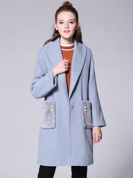 Wathet Press Studs Long Sleeves Big Lapel Thick Long Quilted Wool Coat Womens