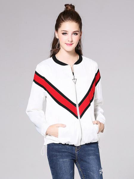 White Red Black Loose Fit Zipper Stripe Printing Long Sleeve Jacket Outerwear for Women