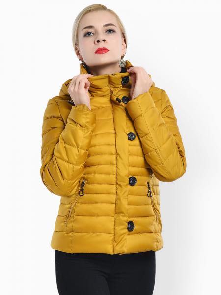 Yellow Slim Fit Petit Zipper & Button Light Weight Women Parka Coat with Hood