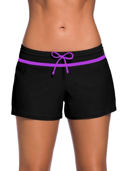 Black Purple Smooth and Loose Fitting Elastic Drawstring Swimming Boardshort for Women