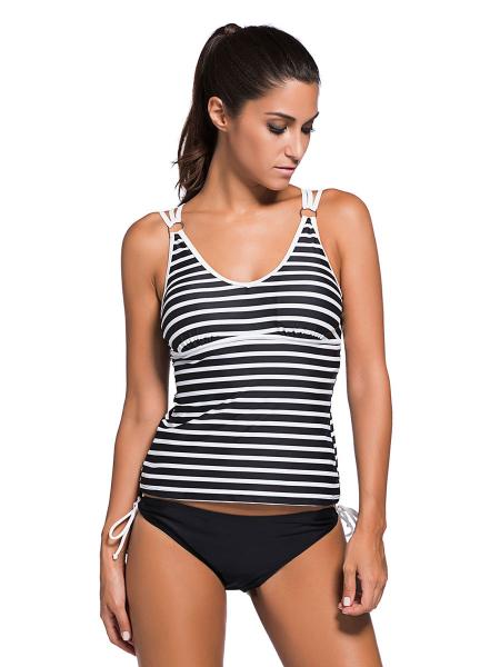 Black White Scoop Neckline Adjustable Strappy Striped Printing Padded Tankini Set Womens