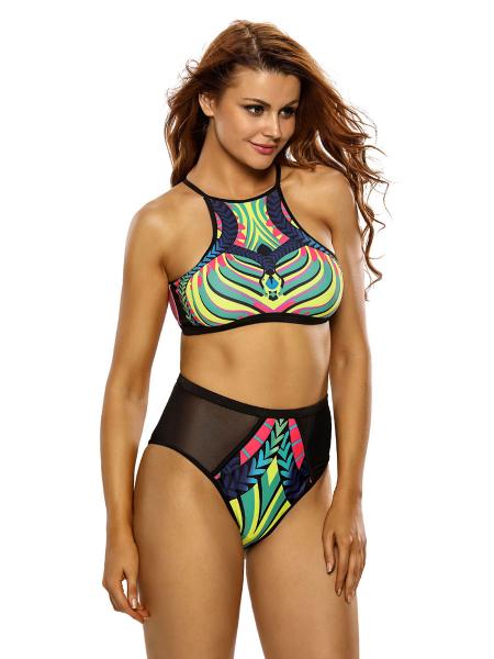 Black Yellow Egyptian Digital Printing Mesh Insert High-waist & High-cut Padded Bikini Set