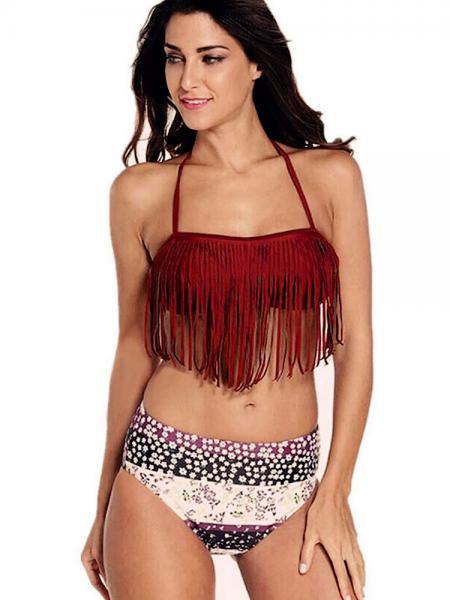 Burgundy Halter Neckline Removable Bra Padding Fringed Floral Printing Bikini Swimsuit