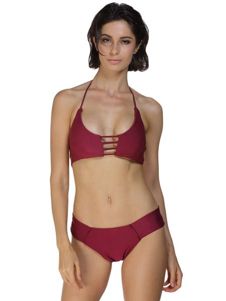 Burgundy Halter Neckline Removable Padding Sexy Cut-out Cage Bralette Brazilian Bikini Set