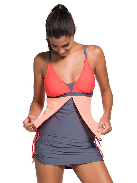 Grey Orange Pink Contrast Layered Color-block Ruched & Padded Tankini with Skort Bottom Swimsuit
