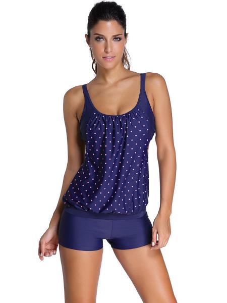 Navy Pink Layered Style Flattering Silhouette Geometric Printing Tankini with Boyshort