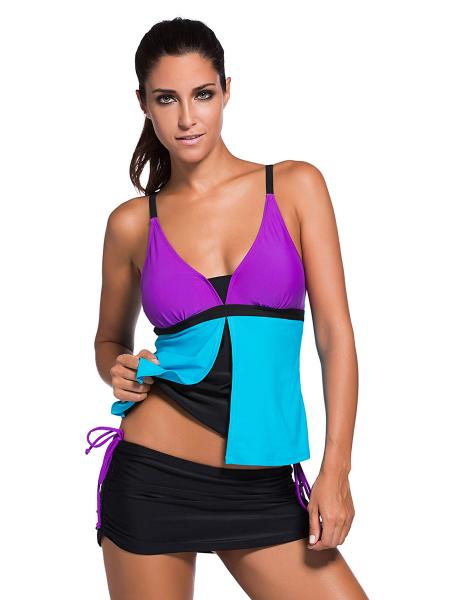 Purple Wathet Black Contrast Layered Color-block Ruched & Padded Tankini with Skort Bottom Swimsuit