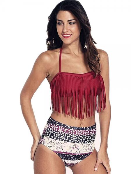 Red Halter Neckline Removable Bra Padding Fringed Floral Printing Bikini Swimsuit