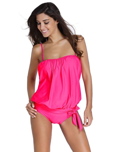Rosy Pullover Blouse Style Sun Protection Low-waisted Padded Bandeau Tankini Swimsuit