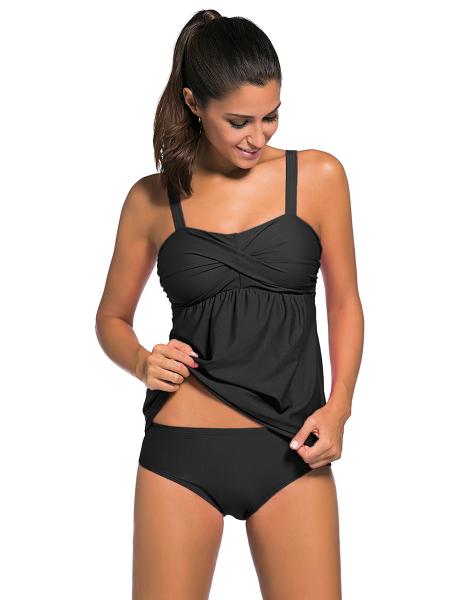 Black Adjustable Shoulder Straps Unremovable Padded Shirred Tankini Dress Swimwear