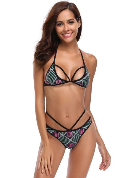 Black Green Rosy Multi Colors Geometric Printed Strappy Low-rise Halter Neckline Triangle Bikini