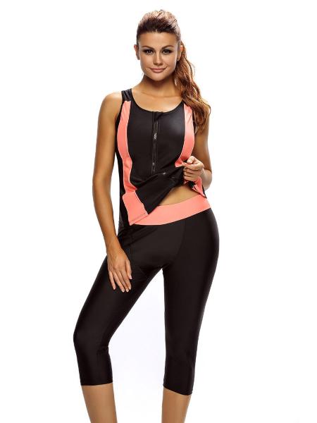 Black Pink Color Block Zipper Front Closure Bra Padding Ladies Tankini with Cropped Pants