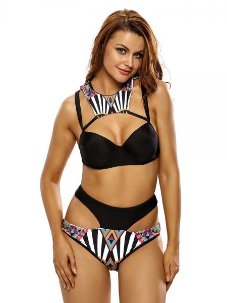 Black Printed High-neck padded & Underwired Sexy Cut-out High Waisted Ladies Bikini