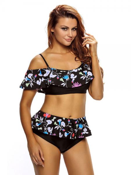 Black White Multi Colors Floral Printing Off-the-shoulder Padded & Ruffled Woman Bikini Suit