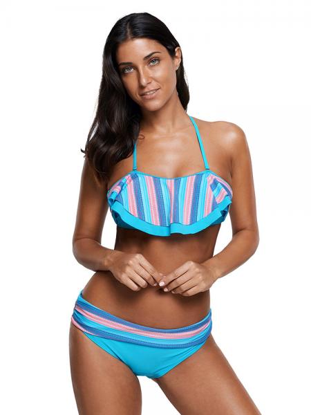 Cerulean Blue Pink Striped Halter Neckline Ruffles Trim Low-waisted Padded Womens Bikini