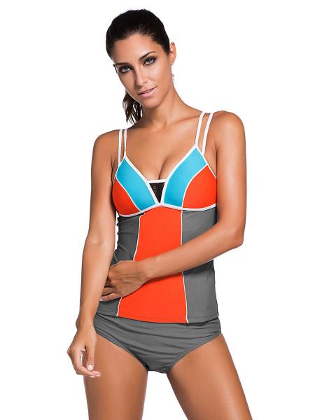 Grey Orange Cerulean Lace Splicing Color Block Removable Bra Padding Full Coverage Womens Tankini Set