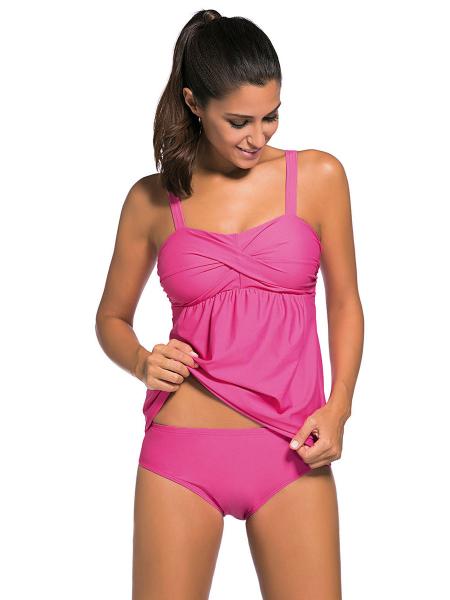 Pink Adjustable Shoulder Straps Unremovable Padded Shirred Tankini Dress Swimwear