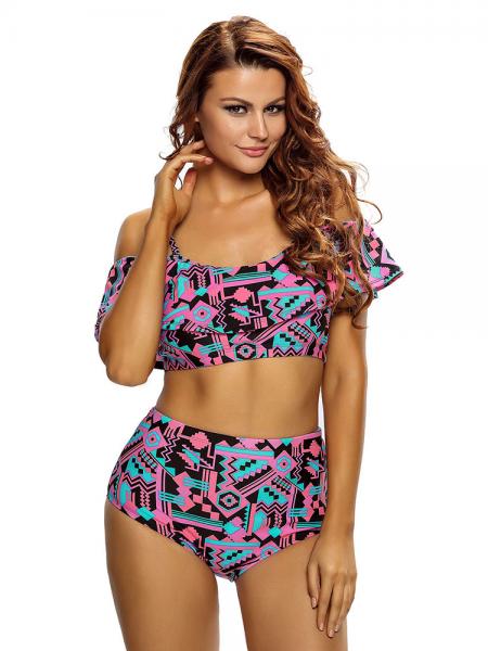 Pink Black Abstract Geometry Printed Off-the-shoulder Padded High-waisted Ruffled Bikinis