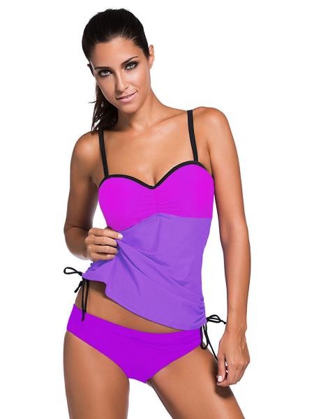Purple Lilac Colorblock Ruched Details Underwired and Bra Padding Bandeau Tankini Swimsuit