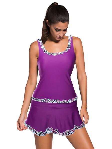 Purple Retro Inspired Removable Bra Padding Low Cut Back Ruffles Splicing Skirt Tankini