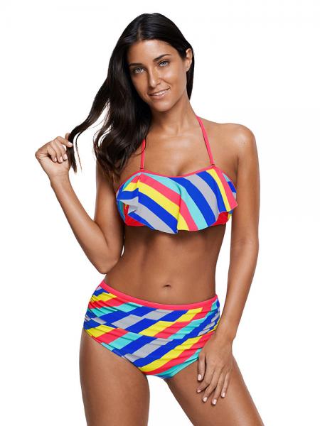 Rosy Blue Yellow Rainbow Stripe Printed Halter Neckline High Waisted Ruffled and Padded Bikini