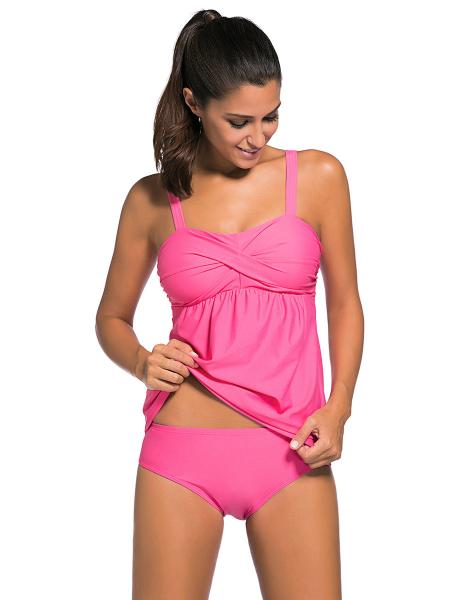 Rosy Adjustable Shoulder Straps Unremovable Padded Shirred Tankini Dress Swimwear