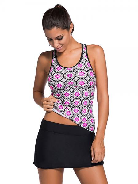 Rosy Black Abstract Floral Printed Sporty Style Racerback Bra Padding Tankini with Skirt