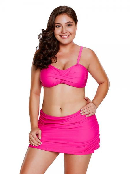 Rosy Figure-flattering Twist Front Bandeau Style Bra Padding Ruched Skirted Bikini Set