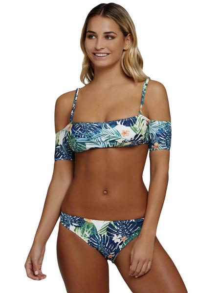Blue Tropical Printed Off-the-shoulder Short Sleeves Bandeau Padded Womens Bikinis