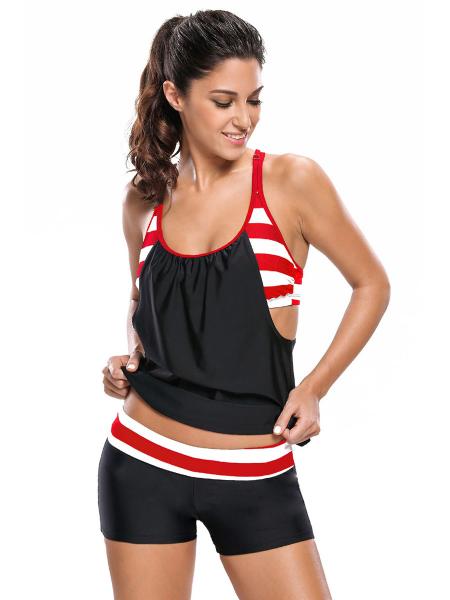 Black Red White Adjustable Shoulder Straps Striped Printing Flow Double-up Tankini with Shorts