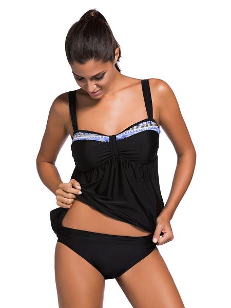 Black Adjustable Shoulder Straps Padded Low-waisted Bandeau Ruched Tankini Bathing Suit