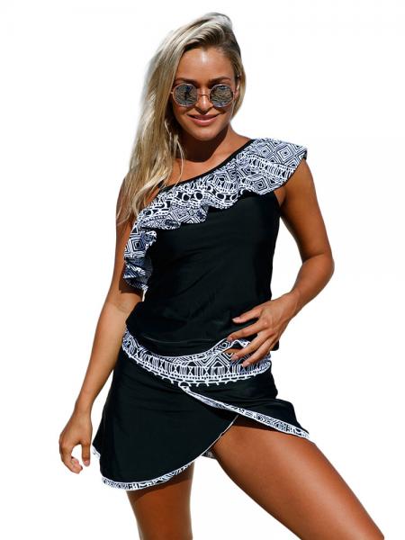 Black White One Shoulder Ruffled Neckline Bra Padding Printed & Skirted Tankini Set Womens