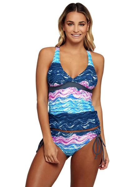 Navy Blue Pink Unique Waves Printing Deep-v Neckline Bra Padding Lacing Sides Tankini Swimsuit