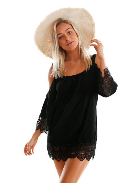 Black Cold Shoulder Scoop Neckline Long Sleeves Lacy Crochet Mini Length Beachwear