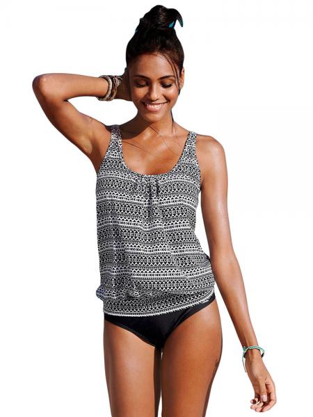 Black White Blouson Styled Ethnic Printing Low-waisted Bra Padding Racerback Tankini Swimsuit