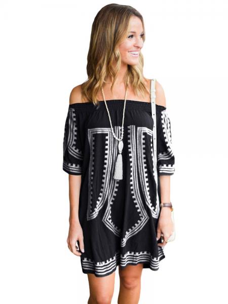 Black White Bohemian Inspired Vibe Geometric Printed Off Shoulder Half Sleeves Beach Dress