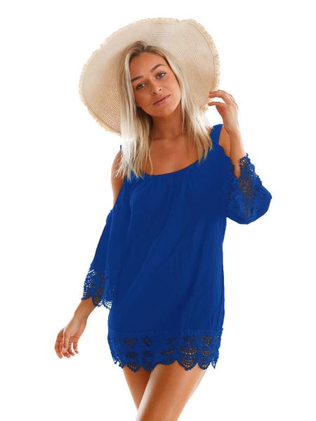 Blue Cold Shoulder Scoop Neckline Long Sleeves Lacy Crochet Mini Length Beachwear