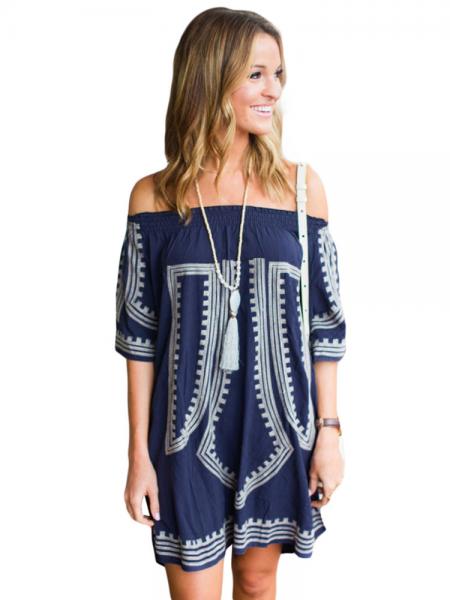 Navy White Bohemian Inspired Vibe Geometric Printed Off Shoulder Half Sleeves Beach Dress